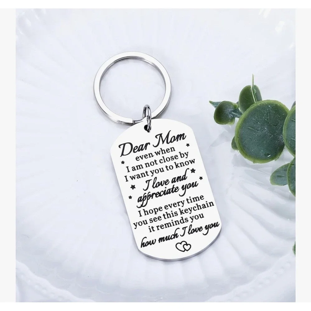 Dear‎ Mom Engraved Dog Tag Keychain Silver Stainless Steel Mother Gift
